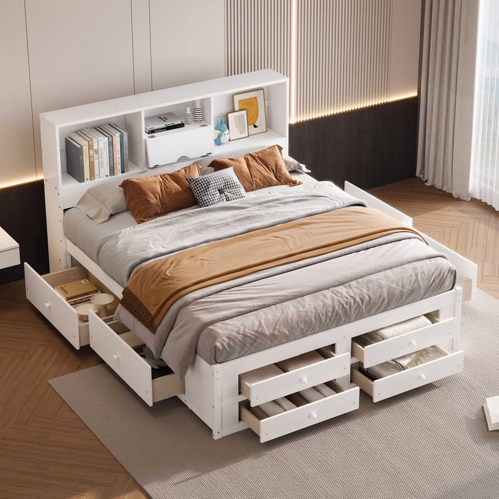 King Size Platform Bed with Bookcase Headboard, Storage Wooden Bed Frame with 8 Drawers