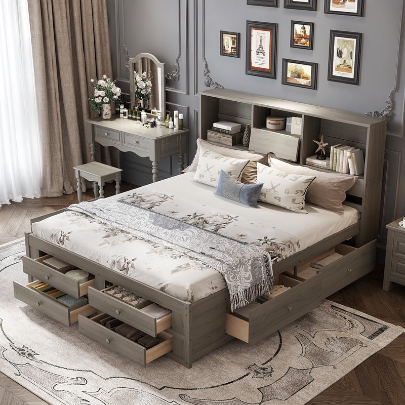 King Size Platform Bed with Bookcase Headboard, Storage Wooden Bed Frame with 8 Drawers