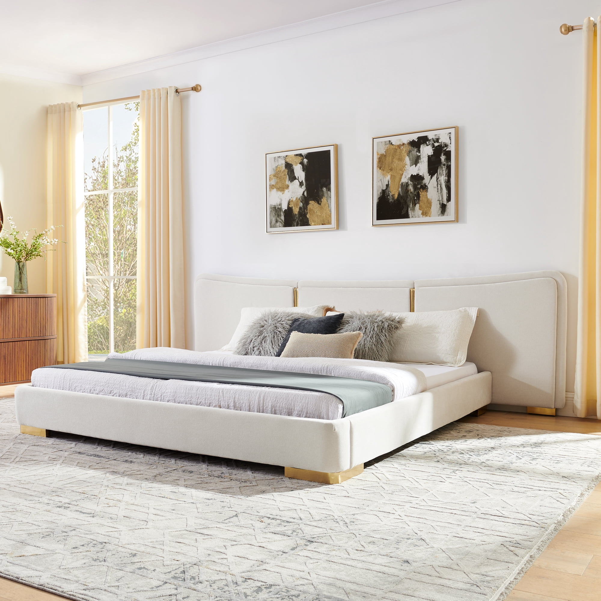 King Size Platform Bed with Extra Large Curved Headboard in Beige