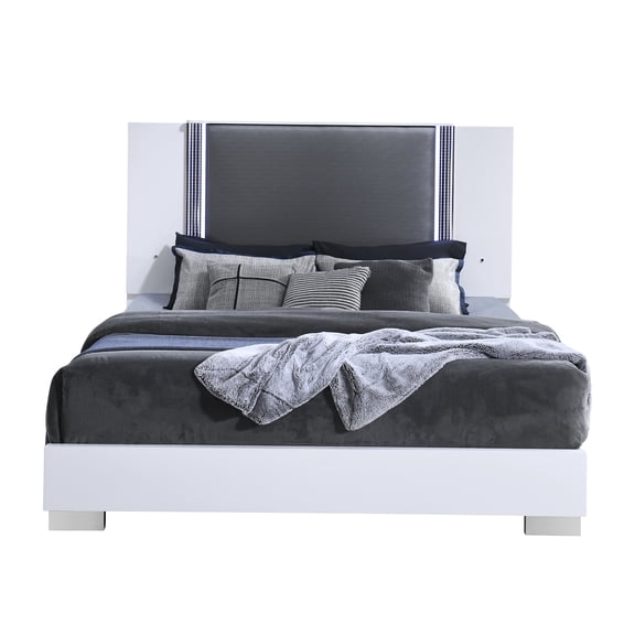 King Size Platform Bed with Marble Headboard, RGB LED Lights, Remote Control, Solid Wood Frame, Modern White Bed
