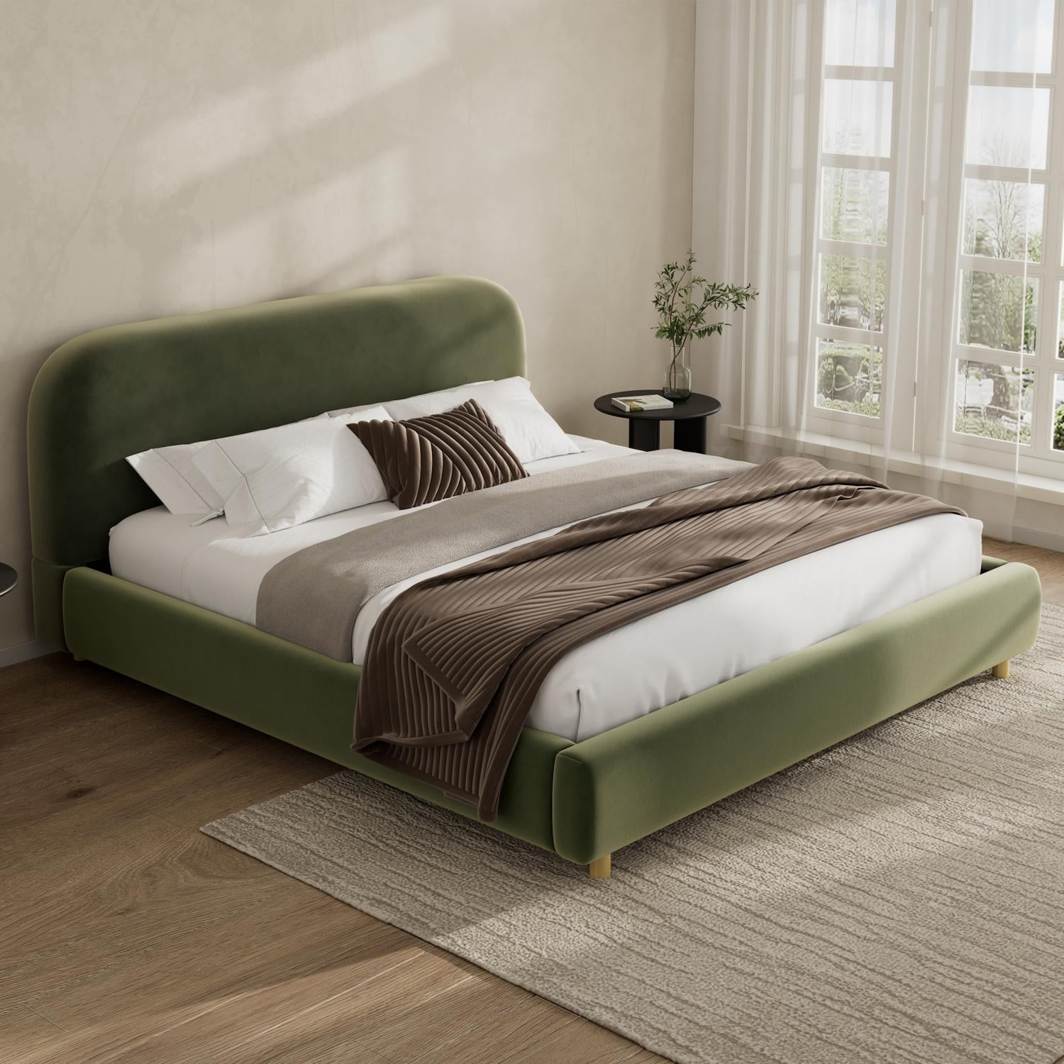 King Size Platform Bed with Plush Velvet Fabric, Curved Thick Padded Headboard, Upholstered Bed Frame with Wood Slats for Bedroom, Olive Green