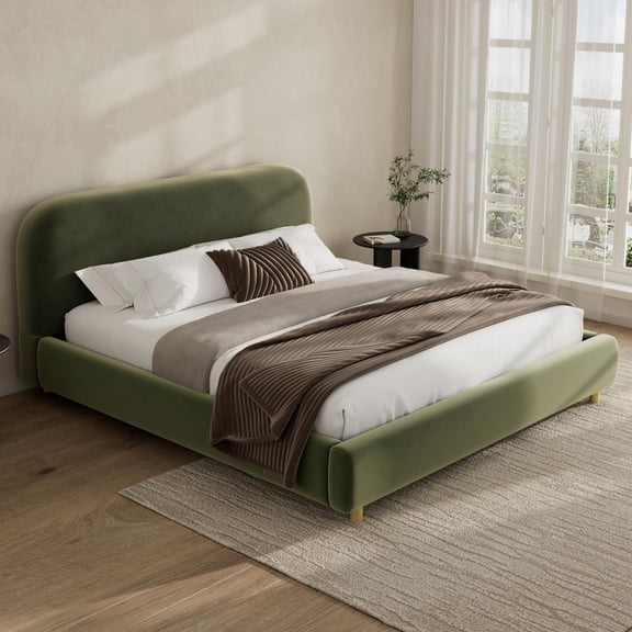 King Size Platform Bed with Plush Velvet Fabric, Curved Thick Padded Headboard, Upholstered Bed Frame with Wood Slats for Bedroom, Olive Green