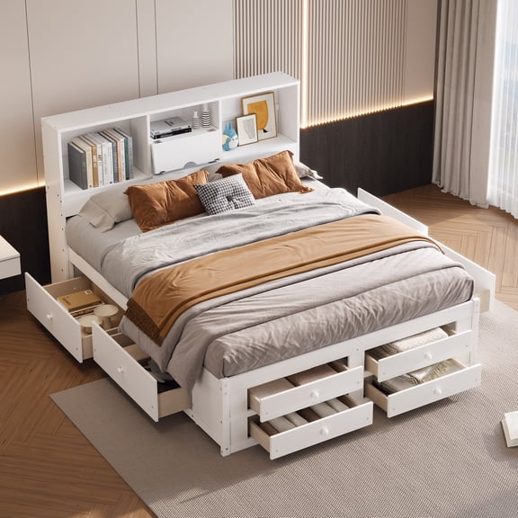 King Size Platform Bed with Storage Headboard - 8 Drawers, White