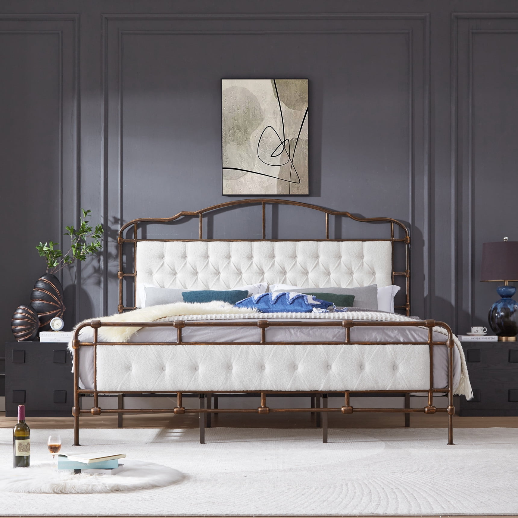 Image showcasing King Size Platform Bed with Velvet Headboard & Tail, Metal Platform Bed ...