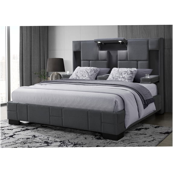 King Size Platform Bed with Wireless Charging, LED Lights & Bluetooth Speakers, Dark Gray Upholstered Bed Frame with Storage