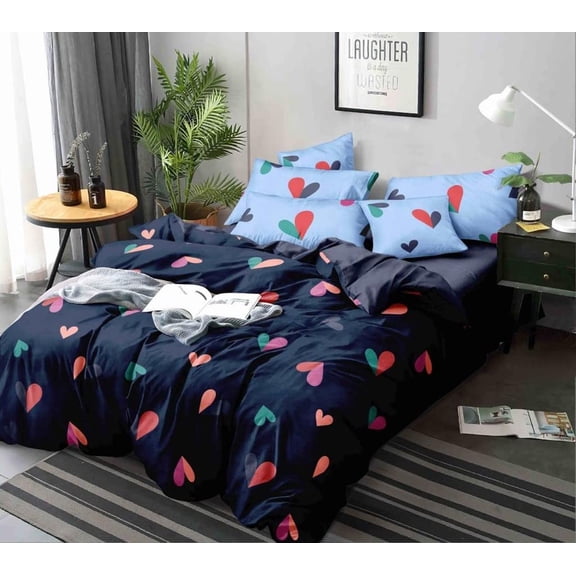 King Size Printed Double Bedsheet + Comforter With 2 Pillow Cover | 72 X 78 Inches, Dark Blue - Glace Cotton Elastic Fitted All Around Bedsheet
