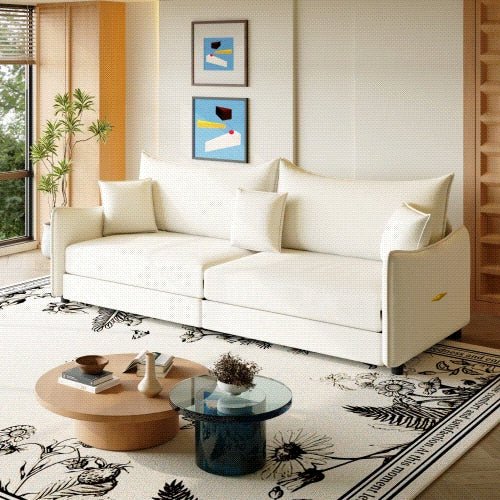 King Size Pull Out Sleeper Sofa with Reclining Backrest Modern Velvet Beige White