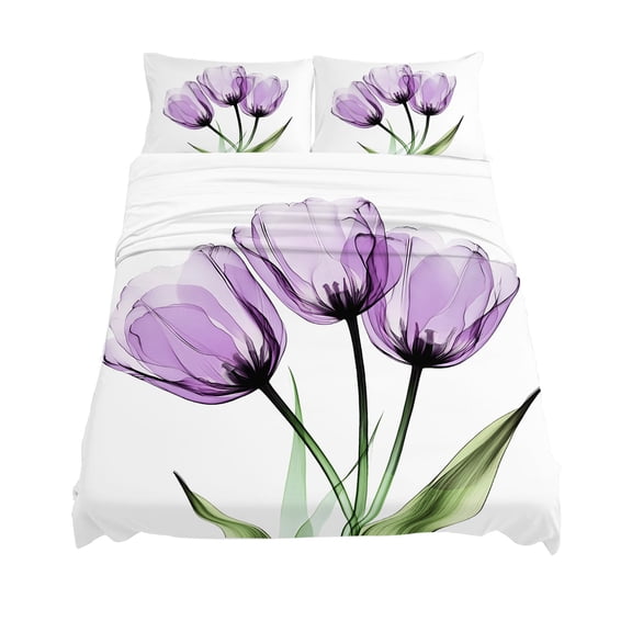King Size Purple Tulip Sheet Sets Flower Farmhouse Floral Soft Breathable Microfiber Bed Sheets Deep Pockets 4 Piece Bed Sheets Set, 1 Fitted Sheet, 1 Flat Sheet & 2 Pillowcases