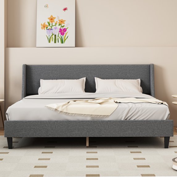 King Size Queen Size Upholstered Platform Bed with Headboard, Linen Fabric Deluxe Wingback Headboard, Wooden Bed Frame/Mattress Foundation with Slats Support, No Box Spring Needed, Light gray