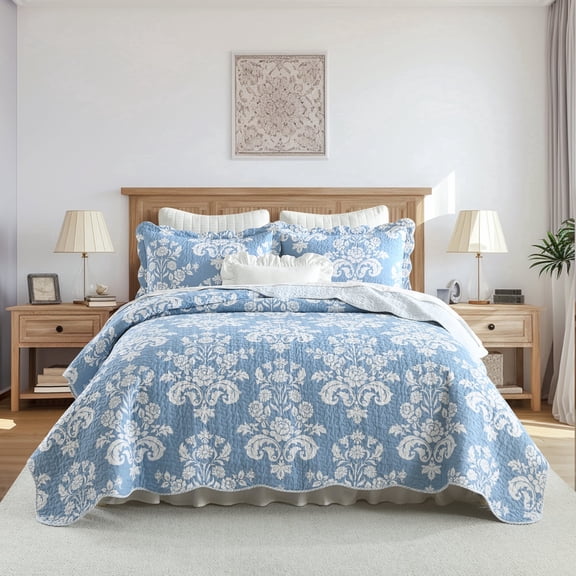 Quilt King Size 3 Pieces - 100% Cotton Reversible Lightweight Bedspread Set, Pre-Washed Coverlet Bedding Set for All Season (Blue and White)