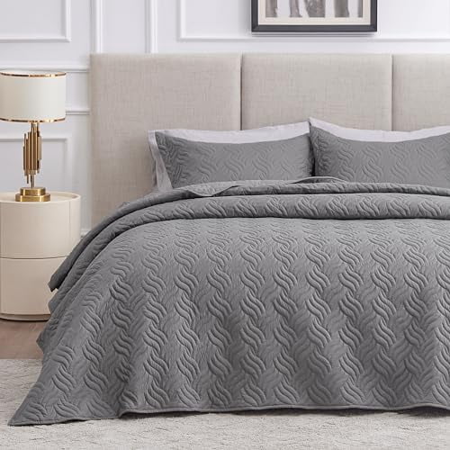 King Size Quilt Bedding Set Grey Bedspreads - Bed Summer Lightweight Bedspread Comforter - Wave Pattern Bedding Coverlet for All Season - 3 Pieces (1 Quilt, 2 Pillow Shams)