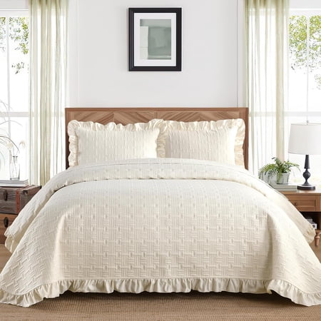 King Size Quilt Bedding Sets, Beige Ruffled Lightweight Soft Bedspread Coverlet, Basket Weave Quilted Blanket Thin Comforter Bed Cover for All Season - 3 Piece (1 Quilt, 2 Pillow Shams)