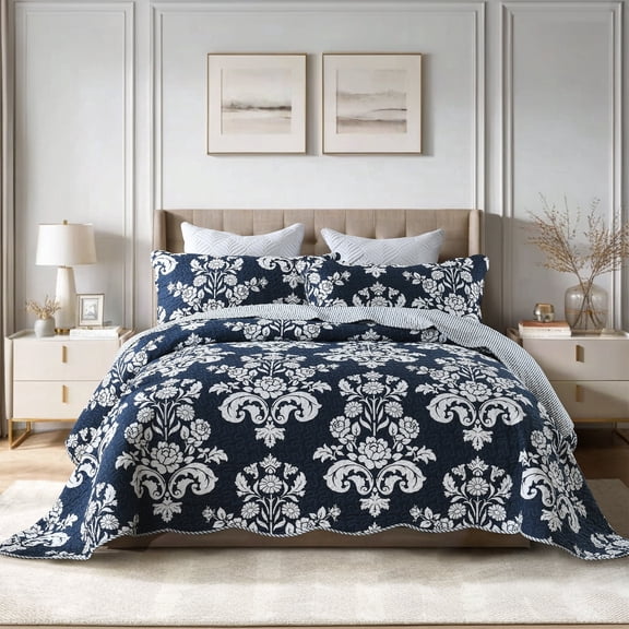 King Size Quilt Set, 100% Cotton Navy Blue Quilted Bedspread, Damask Floral Pattern Farmhouse Reversible Quilt Bedding Set for All Season, 3-Piece