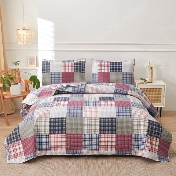 King Size Quilt Set Bedding Reversible Bedspread Coverlet Home Lightweight Quilts Coverlet Country Mens Plaid Patchwork Bedding Printed Microfibers Quilt Set Beige