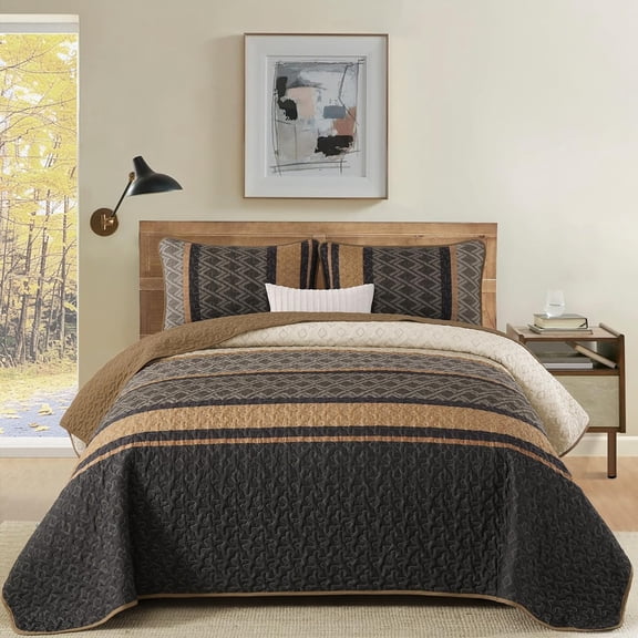 King Size Quilt Set Boho, Soft 3 Pieces Striped Bedspreads Quilts Brown Bedding Sets Boho Lightweight Quilted Coverlets Set Fall Bed for All Seasons 110"x90"