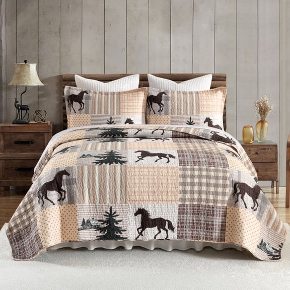 Horse Quilt Set King - 100% Cotton King Quilt Bedding Set - Cowboy Western Rustic Farmhouse Quilts - Wildlife Animals & Forest Beige Plaid Patchwork Bedspread Set for All Season - 3 Pcs