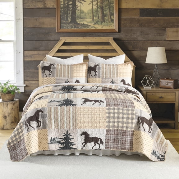 Horse Quilt Set King - 100% Cotton King Quilt Bedding Set - Cowboy Western Rustic Farmhouse Quilts - Wildlife Animals & Forest Beige Plaid Patchwork Bedspread Set for All Season - 3 Pcs