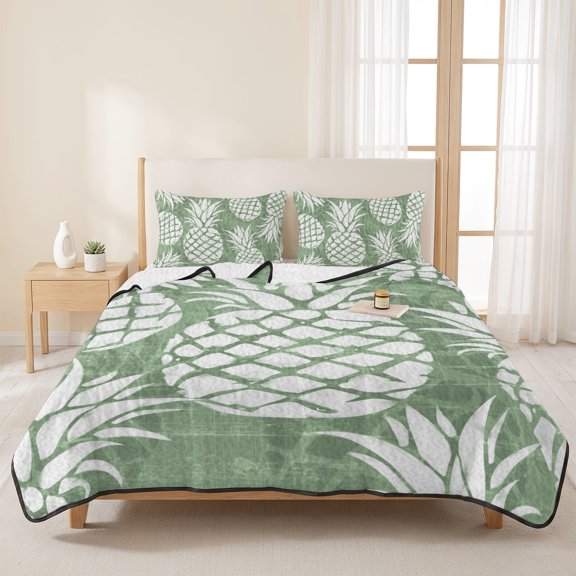 King Size Quilt Set,Summer Pineapple Sage Green Lightweight Bedspread Microfiber Soft Coverlet,Farm Fruit Harvest Comforter Bedding Set for All Season - 3 Piece(1 Quilt,2 Pillow Shams)