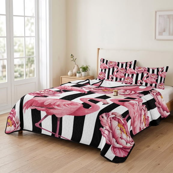 King Size Quilt Set, Tropical Pink Flamingo Flower Lightweight Bedspread Coverlet Set Soft Microfiber Summer Quilt with 2 Pillow Shams, White Black Modern Stripe 3 Piece Comforter Bedding Set