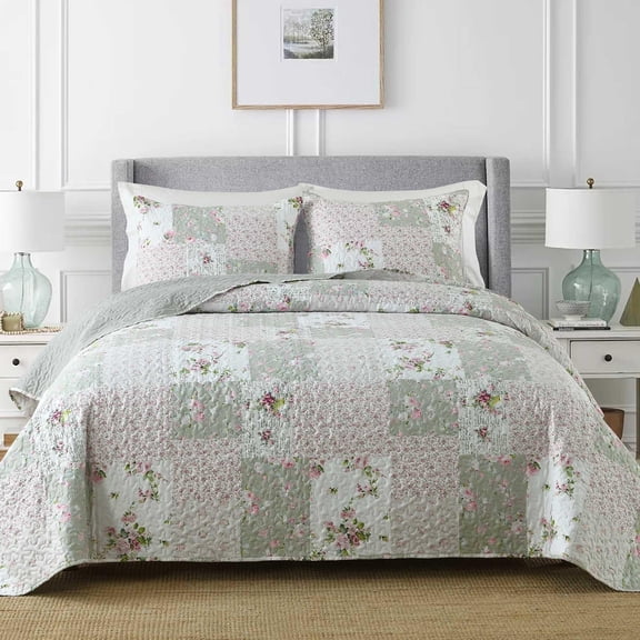 King Size Quilt Sets, Greagle 3-Piece Soft Warm Lightweight Bedspread Machine Washable Summer Quilt Bedding Set with Pillow Shams, Gray Plaid Patchwork Print, 104"x90"