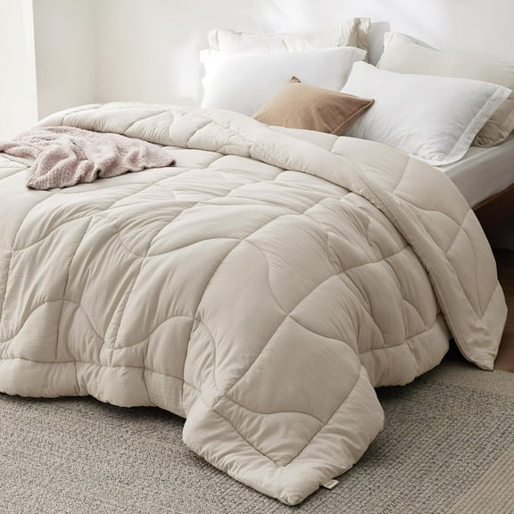 King Size Quilted Down Alternative Comforter with Prewashed Microfiber Cover Linen Color 90x102 Inches