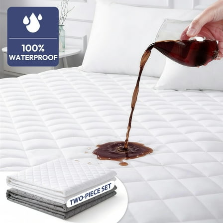 2pcs King Size Waterproof Mattress Pad Protector, Breathable Quilted Mattress Cover Noiseless Waterproof Fitted Sheet Mattress Topper Up to 21" Deep Pocket,(White Gray )