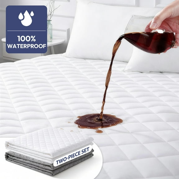 2pcs King Size Waterproof Mattress Pad Protector, Breathable Quilted Mattress Cover Noiseless Waterproof Fitted Sheet Mattress Topper Up to 21" Deep Pocket,(White Gray )