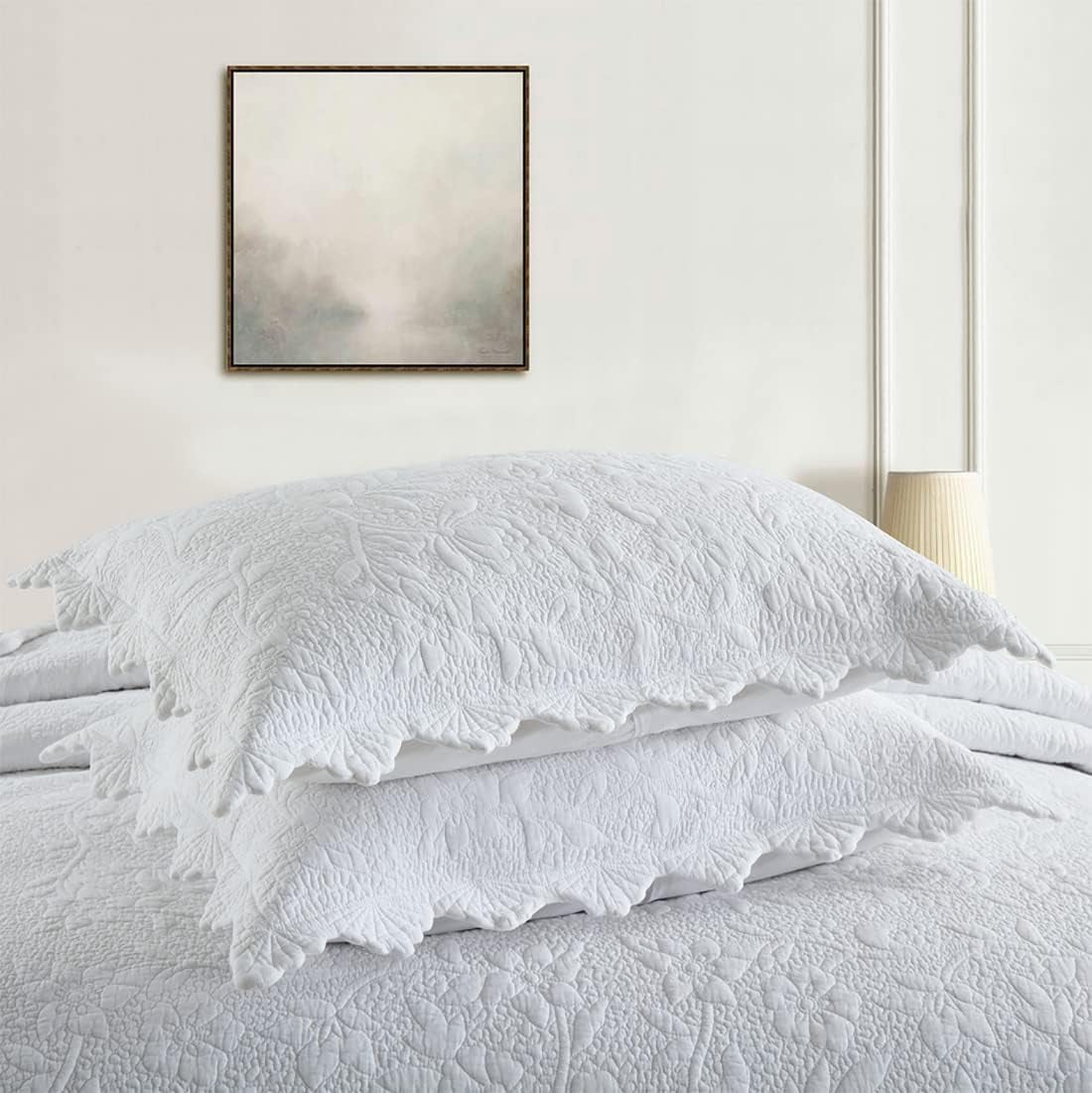 King Size Quilted Pillow Shams Cotton Set of 2 White Shabby Vintage Farmhouse Decorative Pillow