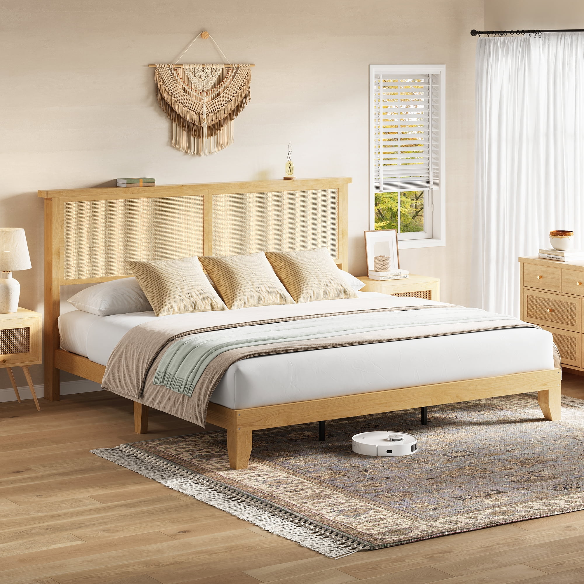 King Size Rattan Bed Frame, Bohemian Rattan Bed Frame King with Natural Headboard, Platform King Size Bed with Wooden Legs, LED Lights, No Box Spring Needed, Easy Assembly