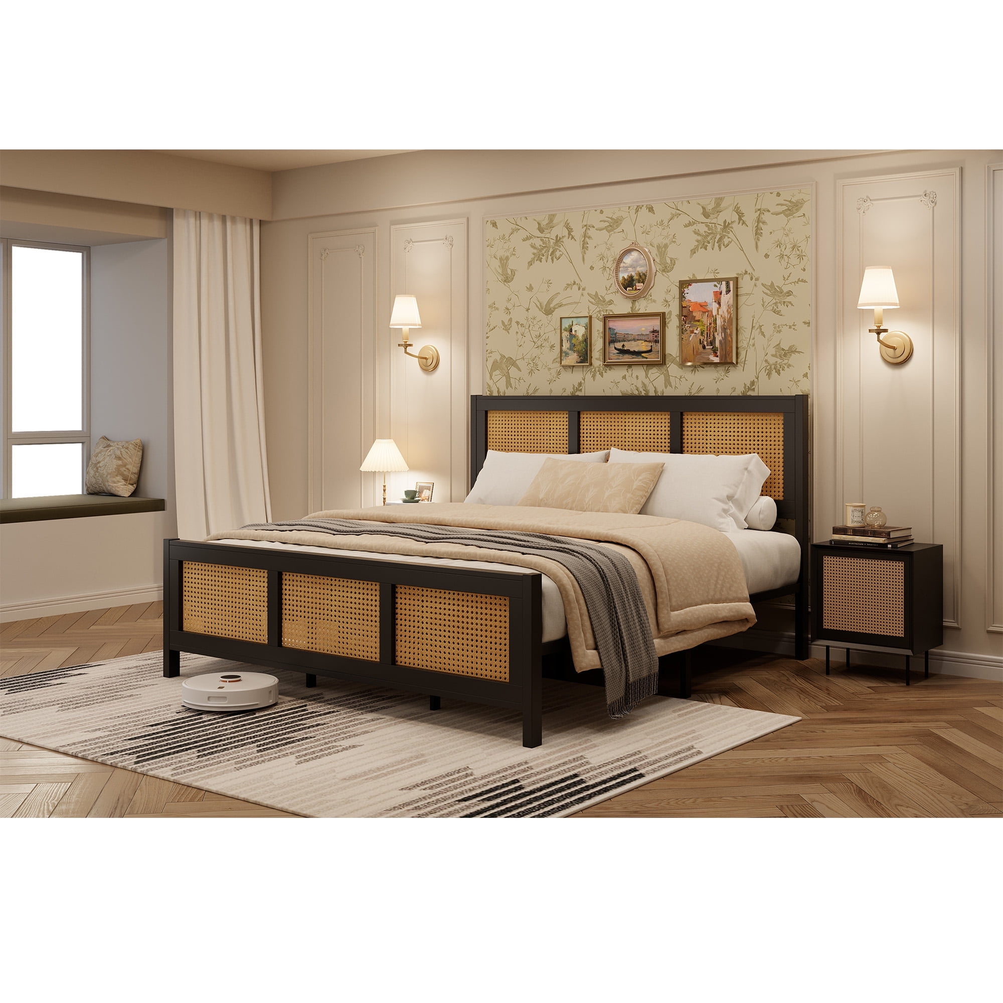 King Size Rattan Bed Frame, Boho Cane Platform Bed Frame, Modern Style with Headboard & Strong Metal Slat, No Box Spring Needed for Bed Room, Black