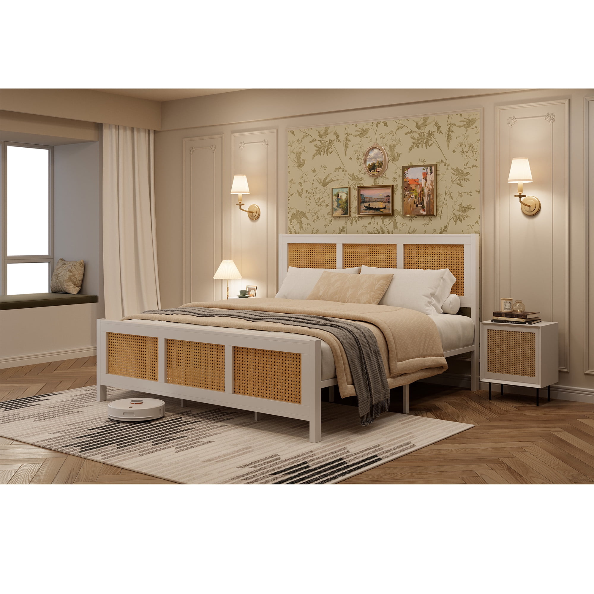 King Size Rattan Bed Frame, Boho Cane Platform Bed Frame, Modern Style with Headboard & Strong Metal Slat, No Box Spring Needed for Bed Room, White