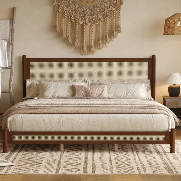 King Size Rattan Bed Frame with Headboard and Footboard, Bohemia Wood Bed Frame with Turned Legs, Woven Cane Platform Bed, No Box Spring Needed, Easy Assembly