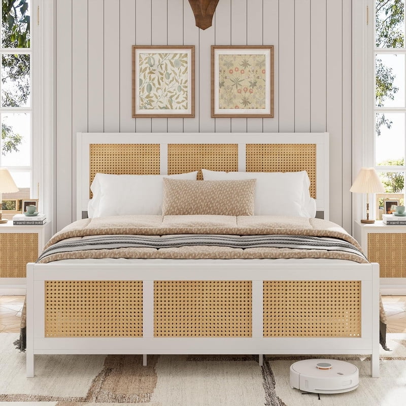 King Size Rattan Bed Frame With Boho Headboard & Footboard - Vintage Wood Platform Bed With Underbed Storage, Walnut Finish