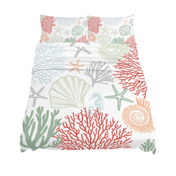 King Size Red Coral Sheet Sets Sage Green Starfish Ocean Coastal Seashell Soft Breathable Microfiber Bed Sheets Deep Pockets 4 Piece Bed Sheets Set, 1 Fitted Sheet, 1 Flat Sheet & 2 Pillowcases