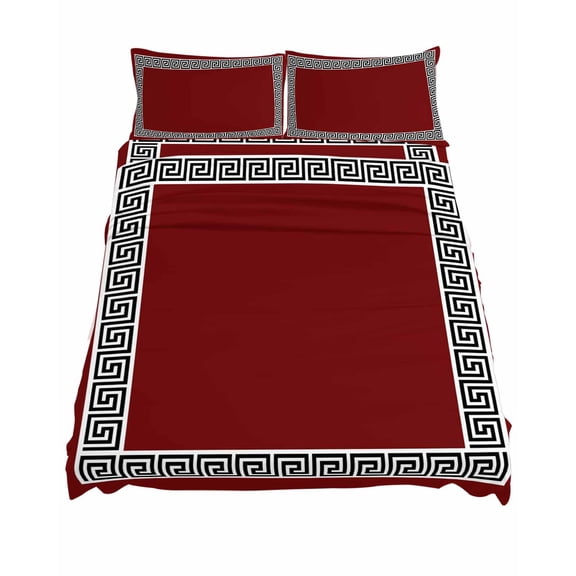 King Size Red Sheet Sets Greek Chinese Style Border Geometric Soft Breathable Microfiber Bed Sheets Deep Pockets 4 Piece Bed Sheets Set, 1 Fitted Sheet, 1 Flat Sheet & 2 Pillowcases
