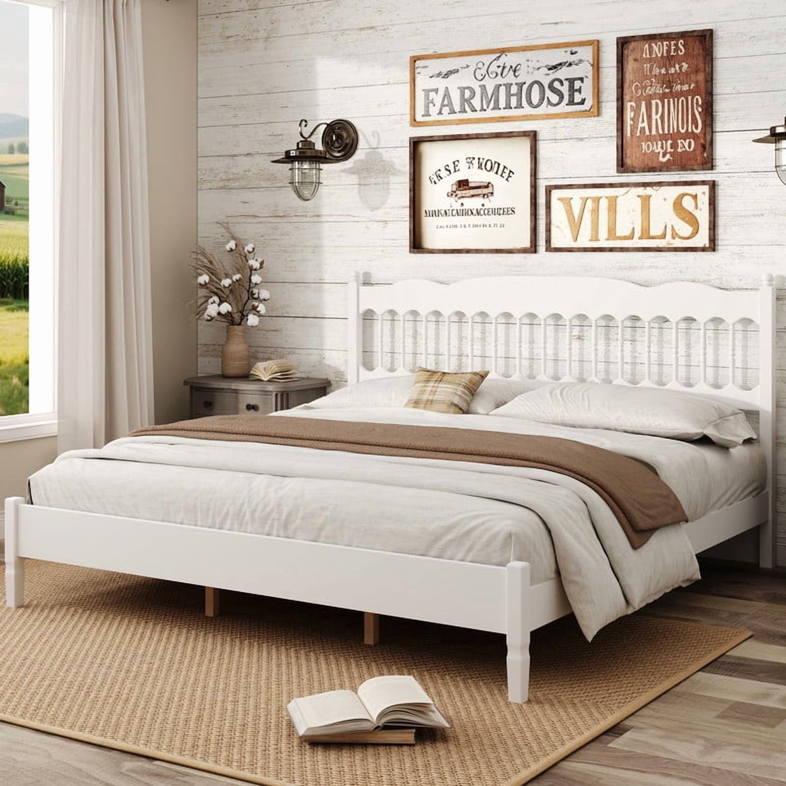 King Size Retro Countryside Style Wooden Bed Frame with Spindle Headboard, Low Profile Platform Bed with No Box Spring Required