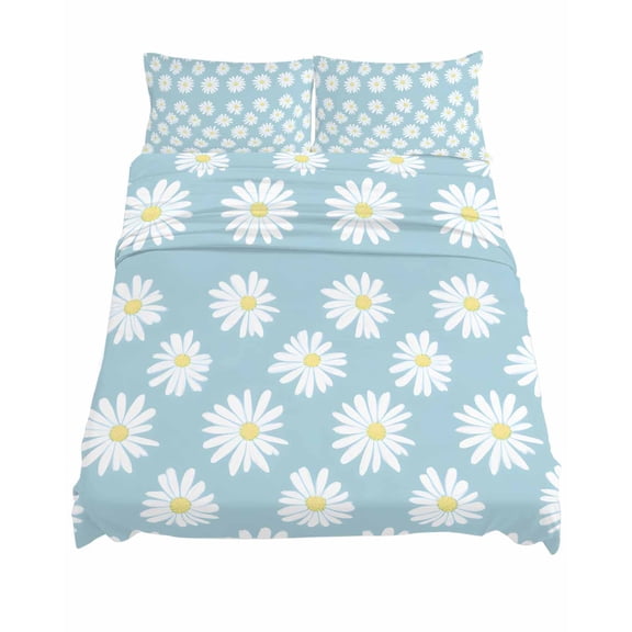 King Size Retro Daisy Sheet Sets White Floral Blue Backdrop Soft Breathable Microfiber Bed Sheets Deep Pockets 4 Piece Bed Sheets Set, 1 Fitted Sheet, 1 Flat Sheet & 2 Pillowcases