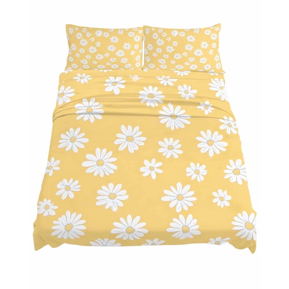 King Size Retro Daisy Sheet Sets White Floral Yellow Backdrop Soft Breathable Microfiber Bed Sheets Deep Pockets 4 Piece Bed Sheets Set, 1 Fitted Sheet, 1 Flat Sheet & 2 Pillowcases