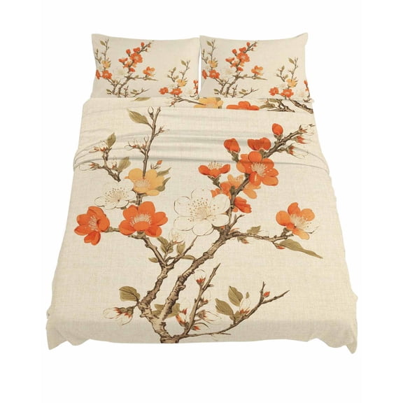 King Size Retro Flower Sheet Sets Plum Blossom Bud Branch Leaves Linen Soft Breathable Microfiber Bed Sheets Deep Pockets 4 Piece Bed Sheets Set, 1 Fitted Sheet, 1 Flat Sheet & 2 Pillowcases
