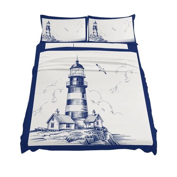 King Size Retro Lighthouse Sheet Sets Seagull Ocean Vintage Blue Lines Art Soft Breathable Microfiber Bed Sheets Deep Pockets 4 Piece Bed Sheets Set, 1 Fitted Sheet, 1 Flat Sheet & 2 Pillowcases