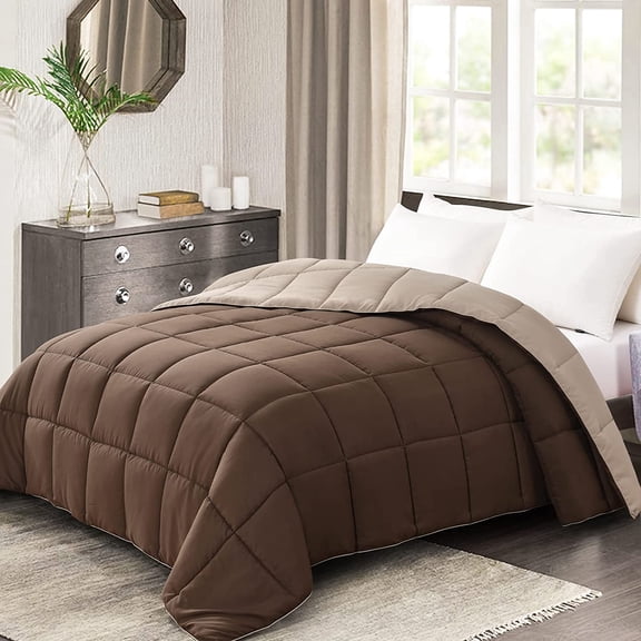 King Size Reversible Quilted Comforter Chocolate Brown Beige