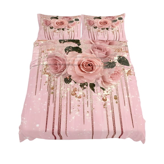 King Size Rose Flower Sheet Sets Floral Gold Glitter Pink Background Soft Breathable Microfiber Bed Sheets Deep Pockets 4 Piece Bed Sheets Set, 1 Fitted Sheet, 1 Flat Sheet & 2 Pillowcases