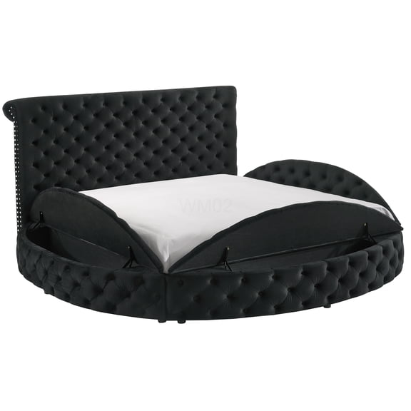 King Size Round Upholstered Storage Bed with Velvet Button Tufted Headboard and Nailhead Trim, Black