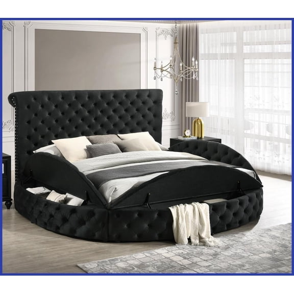 King Size Round Wooden Storage Bed with Tufted Velvet Upholstery, Black Glam Headboard for Master Bedroom