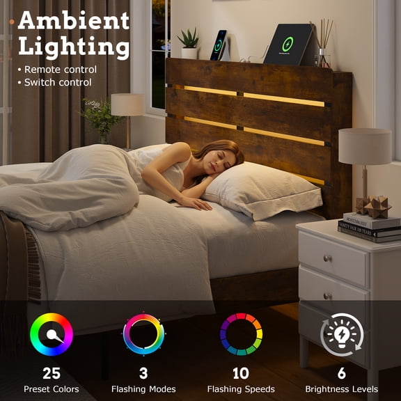 King Size Rustic Brown Metal Bed Frame with LED Lights, Charging Station & Under-Bed Storage, 1200lbs Weight Capacity