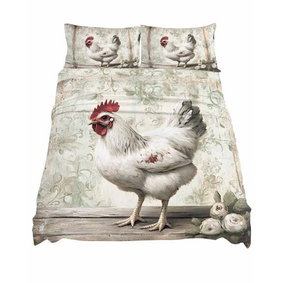 King Size Rustic Farmhouse Sheet Sets Brocade Pattern White Chicken Soft Breathable Microfiber Bed Sheets Deep Pockets 4 Piece Bed Sheets Set, 1 Fitted Sheet, 1 Flat Sheet & 2 Pillowcases