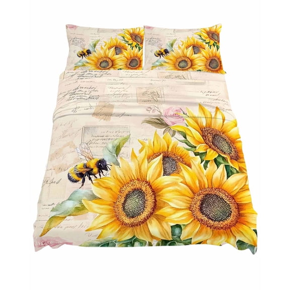 King Size Rustic Sunflower Sheet Sets Bee Country Floral Retro Letter Background Soft Breathable Microfiber Bed Sheets 4 Piece Bed Sheets Set, 1 Fitted Sheet, 1 Flat Sheet & 2 Pillowcases