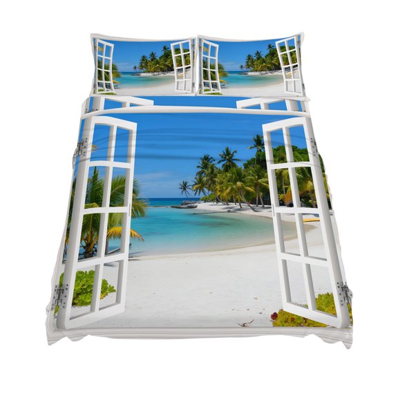 King Size Sandy Beach Sheet Sets Coconut Trees Sky Windows View Soft Breathable Microfiber Bed Sheets Deep Pockets 4 Piece Bed Sheets Set, 1 Fitted Sheet, 1 Flat Sheet & 2 Pillowcases