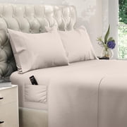 King Size 4 Piece Microfiber Sheet Set with Deep Pocket Fitted Sheet, Soft Hotel Style Bedding, Embroidered Pillowcases and Convenient Side Storage Pocket