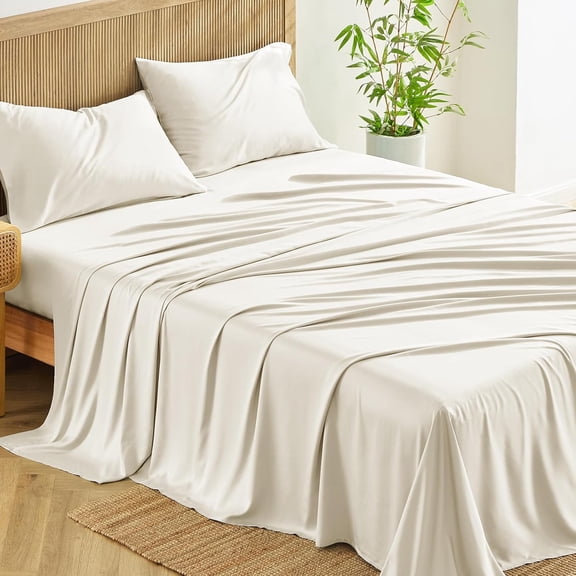 King Size Sheets Set 100% Rayon Derived from Bamboo Sateen Weave Ivory
